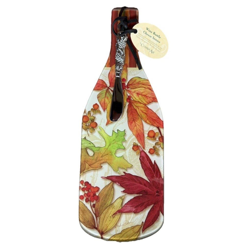 CounterArt Glass Wine Bottle Cheese Board with Spreader – Autumn Leaves – Unused